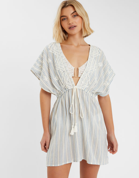 Embroidered Stripe Mini Kaftan, Blue (BLUE), large