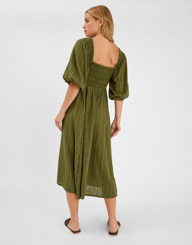 Check Puff Sleeve Smocked Midi Dress, Green (KHAKI), large