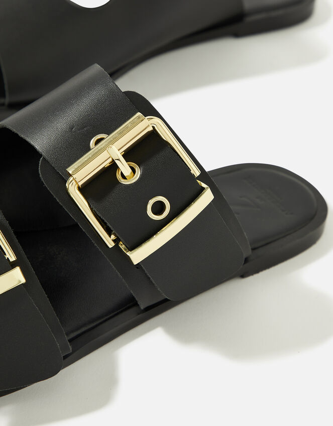 Chunky Buckle Leather Sandals , Black (BLACK), large
