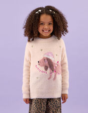 Girls Fluffy Dog Christmas Jumper, Ivory (IVORY), large