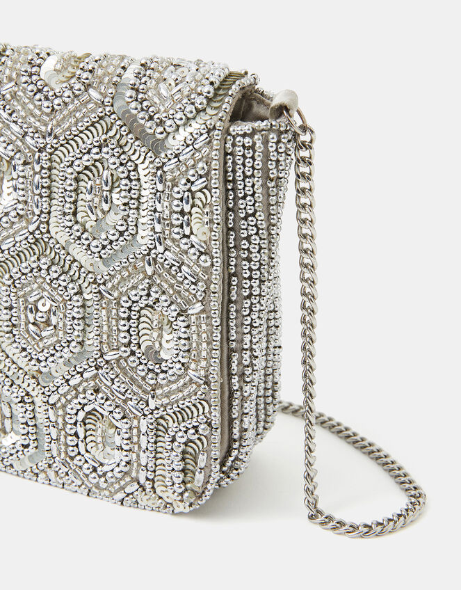 Embellished Fold Over Clutch Bag, Silver (SILVER), large