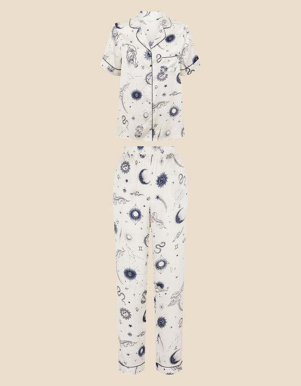 Celestial Zodiac Satin Button Pyjama Set Ivory, Ivory (IVORY), large