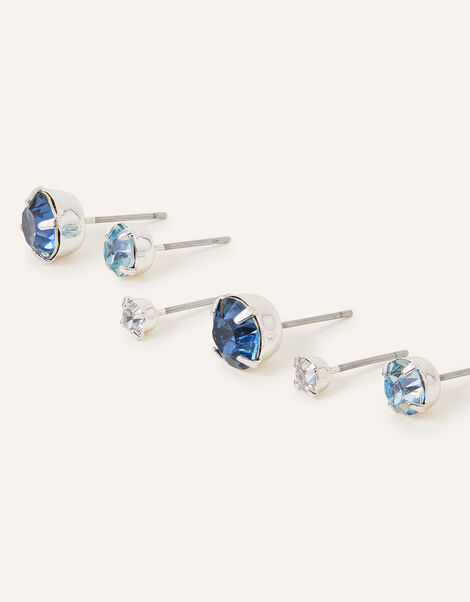 Crystal Stud Earring Set of Three, Blue (BLUE), large