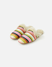 Stripe Embroidered Faux Fur Slippers , Multi (BRIGHTS-MULTI), large
