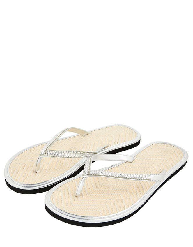 Crystal Flip Flops with Seagrass Footbeds, Silver (SILVER), large