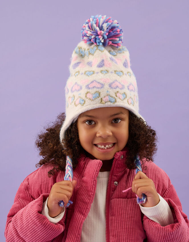 Girls Heart Fair Isle Bobble Trapper Hat, Multi (PASTEL MULTI), large