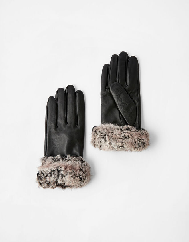 Leather and Faux Fur Gloves, Black (BLACK), large