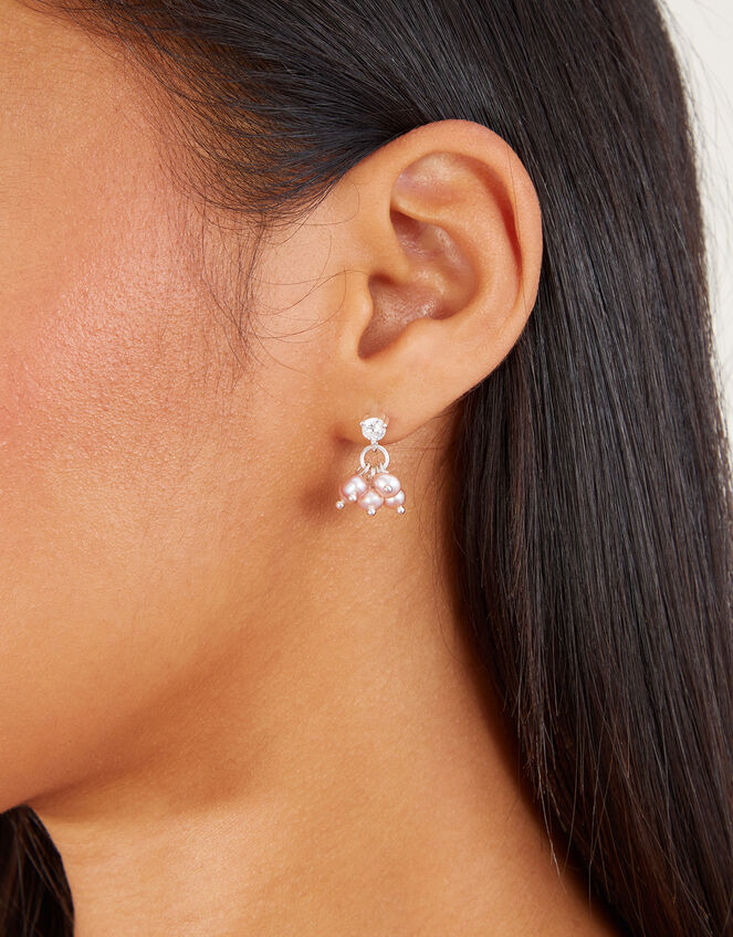 Sterling Silver-Plated Pearl Cluster Earrings, , large