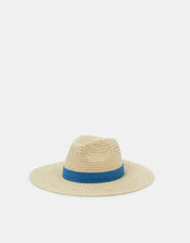 Denim Trim Straw Fedora Hat, , large
