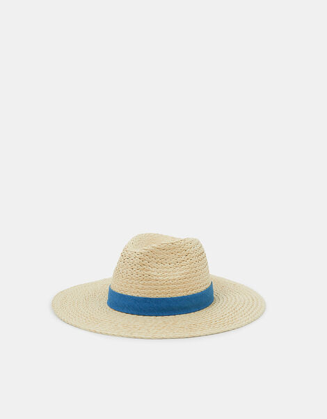 Denim Trim Straw Fedora Hat, , large
