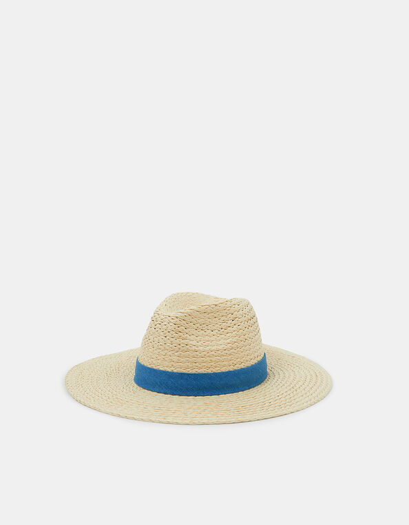 Denim Trim Straw Fedora Hat, , large