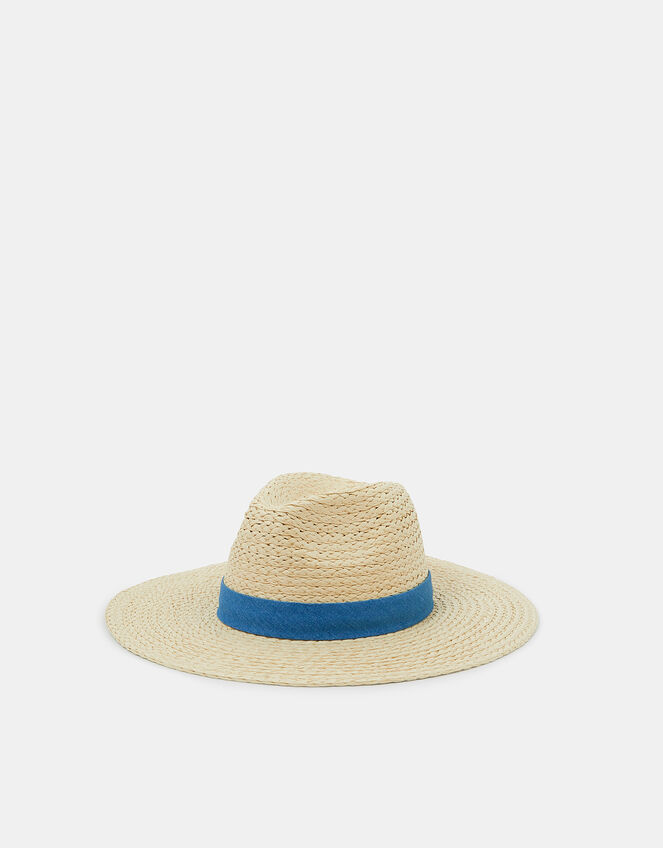 Denim Trim Straw Fedora Hat, , large