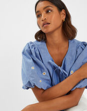 Daisy Puff-Sleeve Tie Top, Blue (BLUE), large