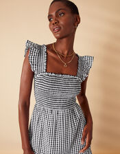 Gingham Tiered Dress, Black (BLACK WHITE), large