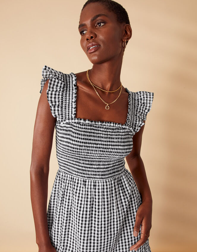 Gingham Tiered Dress, Black (BLACK WHITE), large