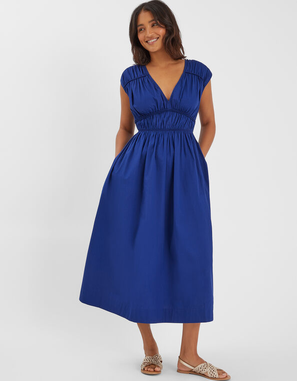 Sleeveless Ruched Midi Dress, Blue (BLUE), large