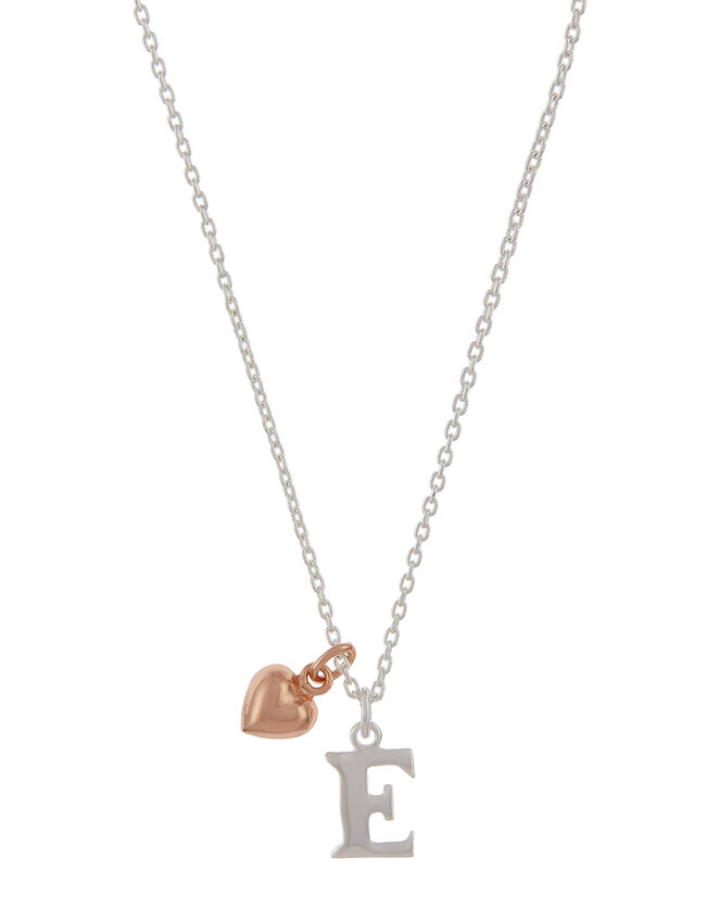 Sterling Silver Initial Necklace with Heart Charm - E, , large