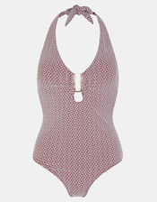 Geometric Halter Neck Shaping Swimsuit, Red (BURGUNDY), large
