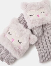 Girls Fluffy Owl Fingerless Gloves with Mittens, Natural (NATURAL), large