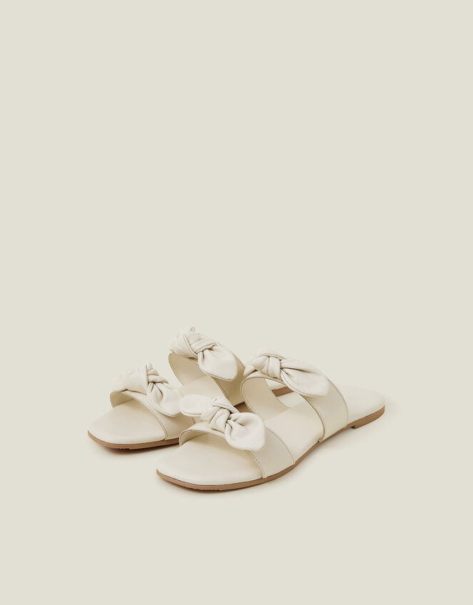 Double Bow Strap Leather Sandals, Cream (CREAM), large