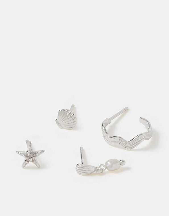 4-Pack Sterling Silver-Plated Shell Stud & Hoop Earrings, , large