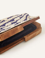 Raffia Beaded Wooden Frame Clutch Bag, Blue (NAVY), large