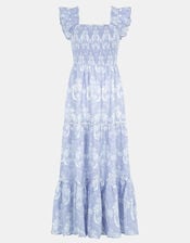 Tropical Print Smocked Maxi Dress, Blue (BLUE), large