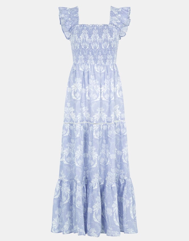Tropical Print Smocked Maxi Dress, Blue (BLUE), large