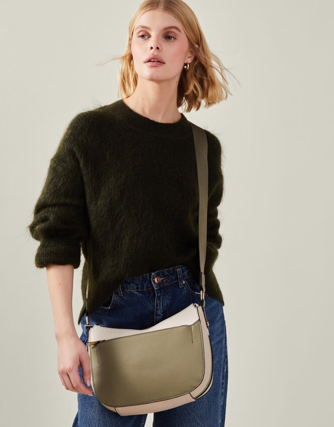 Two-Tone Faux Leather Crossbody Bag Khaki, , large