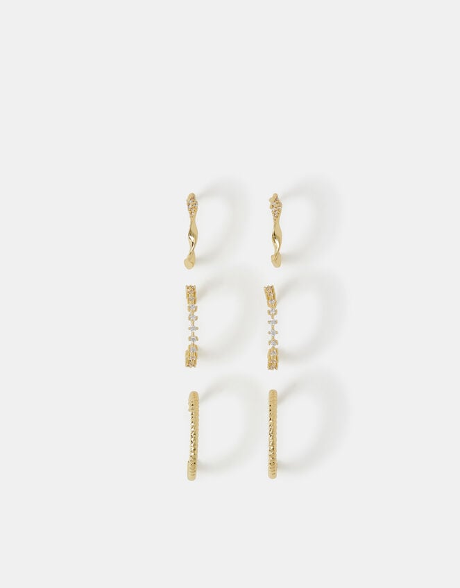 3-Pack 14ct Gold-Plated Twist Hoop Earrings, , large