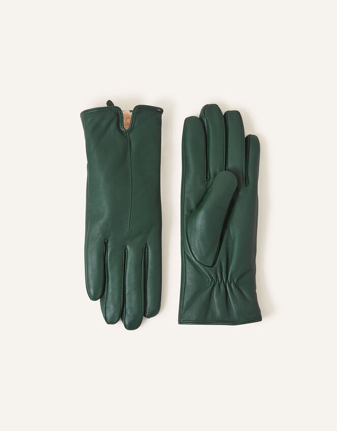 Faux Fur-Lined Leather Gloves, Green (GREEN), large