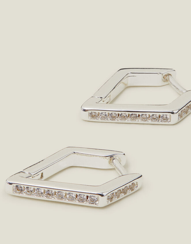 Sterling Silver-Plated Diamond-Shape Hoops, , large