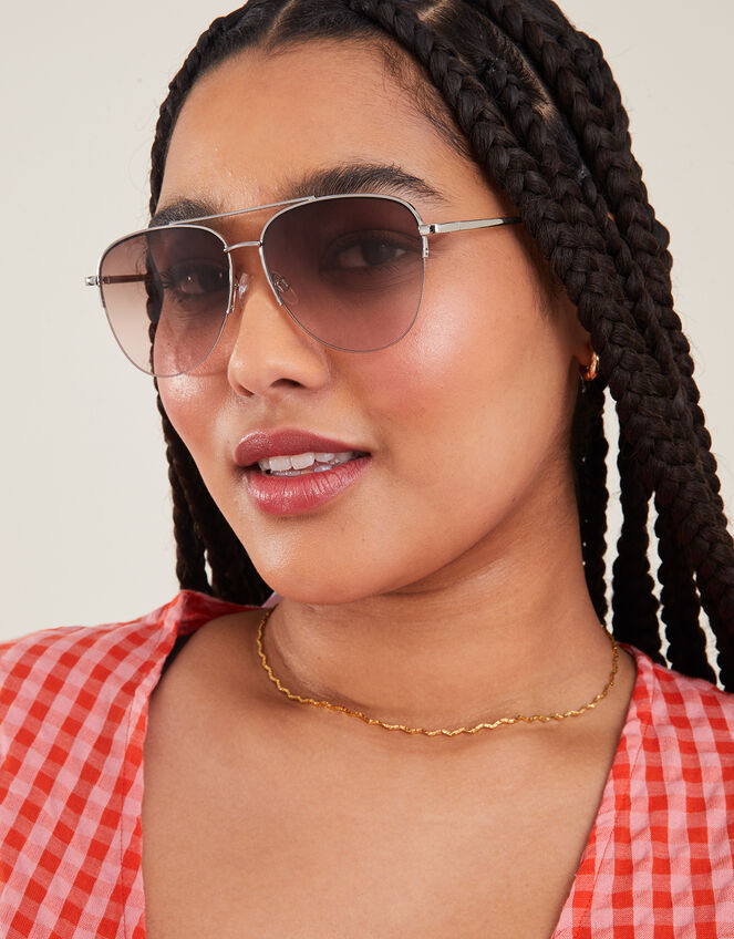 Half Frame Aviator Sunglasses, Silver (SILVER), large