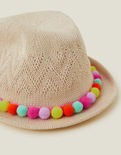 Girls Pom-Pom Packable Trilby, BRIGHTS MULTI, large