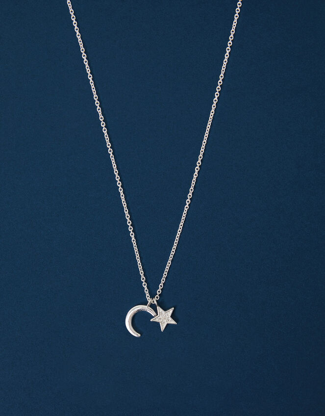 Sterling Silver-Plated Moon and Star Pendant Necklace, , large