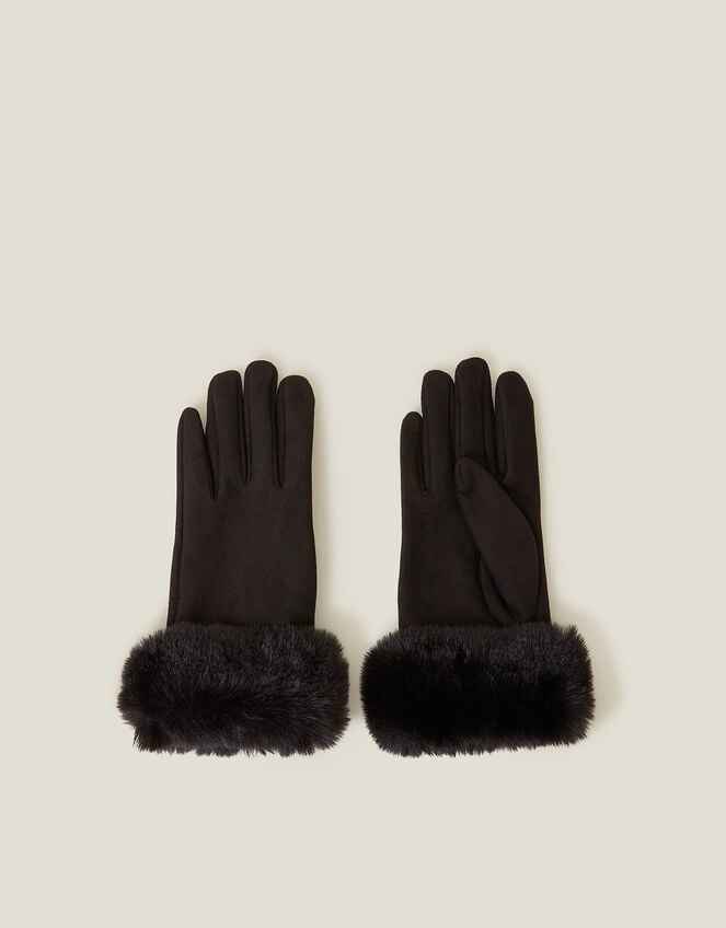 Suedette Faux Fur Cuff Gloves, Black (BLACK), large