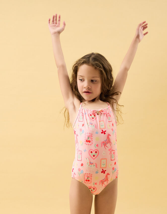 Girls Cowboy Print Swimsuit, Multi (PASTEL MULTI), large