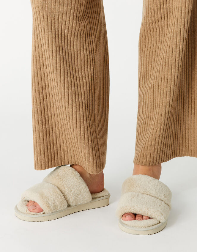 Platform Faux Fur Double Band Sliders, Natural (NATURAL), large