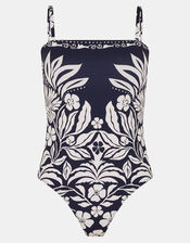 Floral Print Bandeau Swimsuit, Blue (NAVY), large