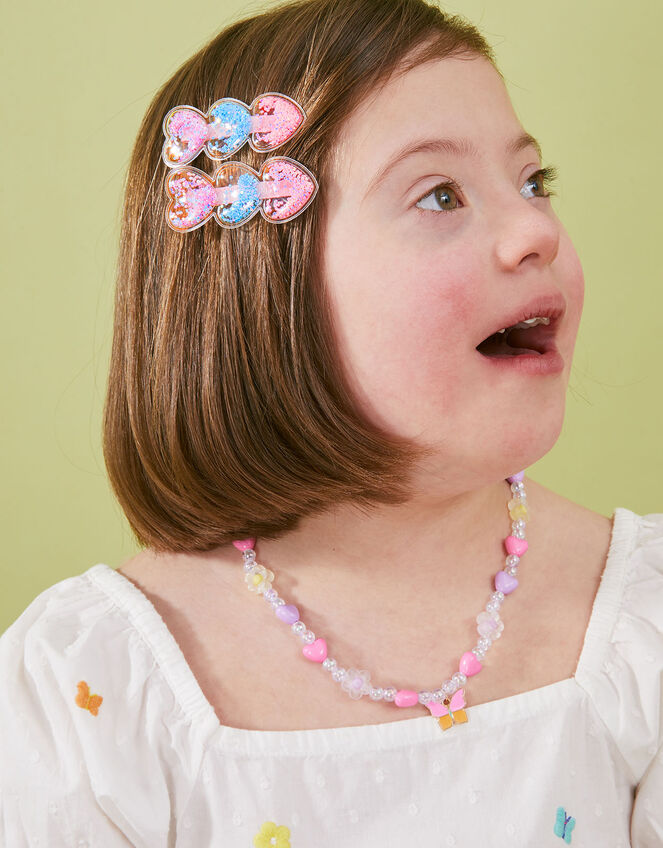 Girls Shake Glitter Heart Hair Clips Set of Two, , large