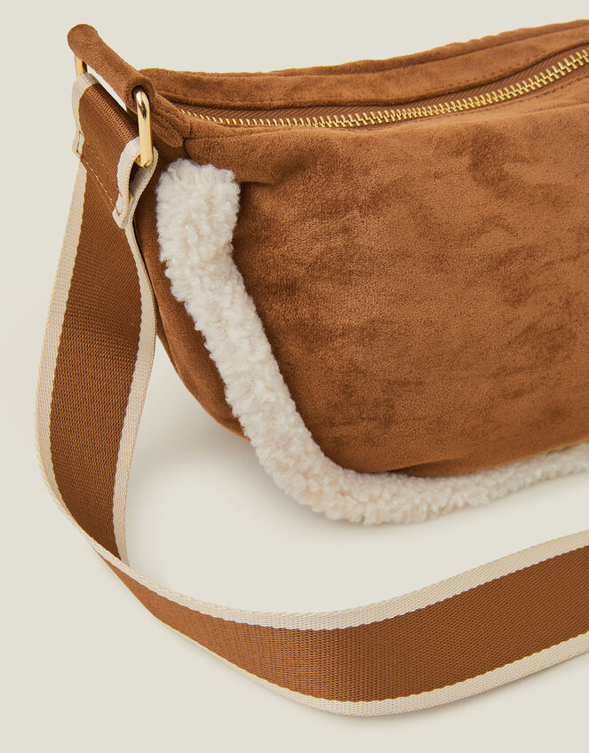 Faux Shearling Suedette Sling Bag, , large
