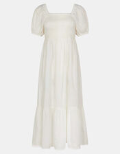 Embroidered Puff Sleeve Midi Dress, White (WHITE), large