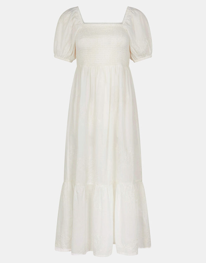 Embroidered Puff Sleeve Midi Dress, White (WHITE), large