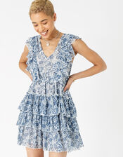 Floral Ruffle Mini Dress, Blue (BLUE), large