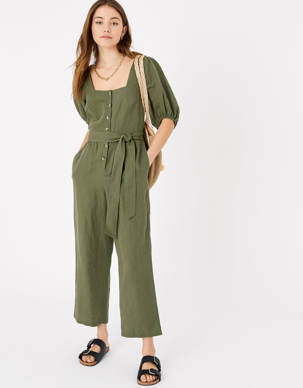 Khaki linen sales jumpsuit