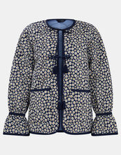 Daisy Print Tie-Front Quilted Jacket, Blue (NAVY), large