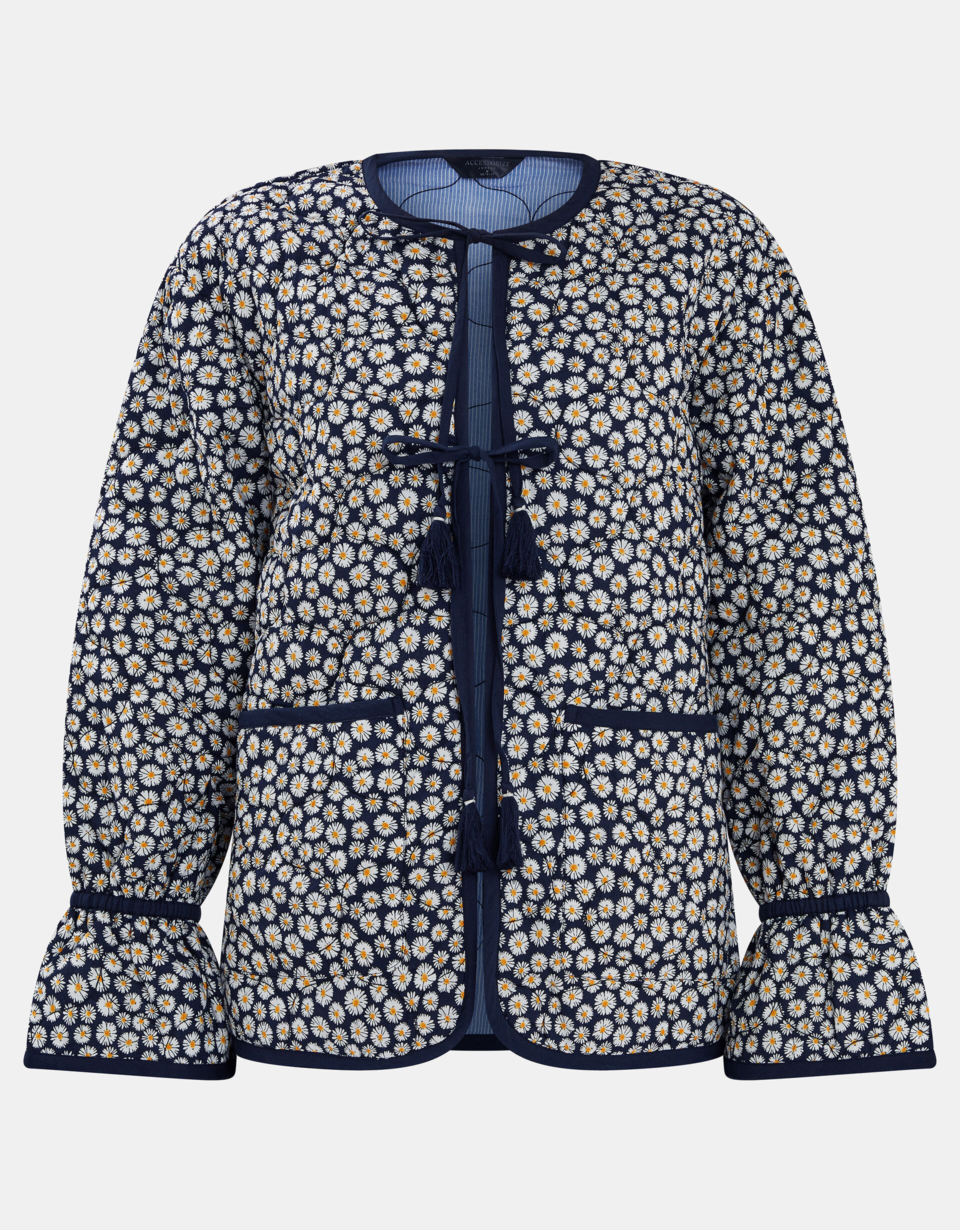 Daisy Print Tie-Front Quilted Jacket, Blue (NAVY), large