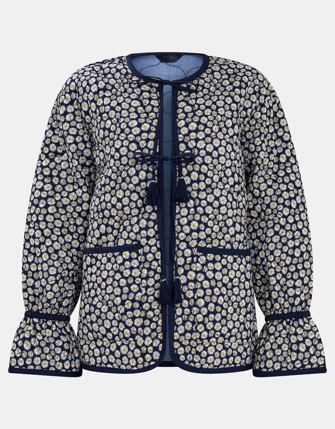 Daisy Print Tie-Front Quilted Jacket, Blue (NAVY), large
