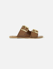 Chunky Buckle Leather Sandals , Tan (TAN), large