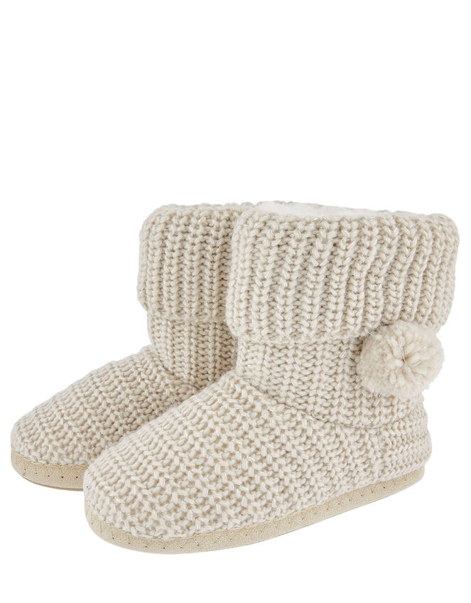 Pom-Pom Shimmer Knit Slipper Boots, Cream (CREAM), large